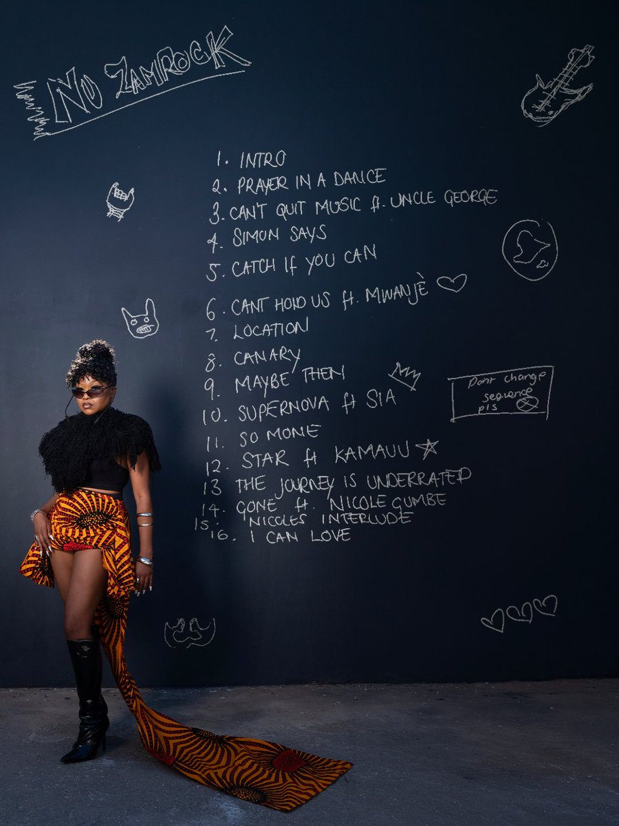 Sampa_The_Great's tweet photo. TRACKLIST- NU ZAMROCK SOUND! ✨🎸

1.Intro 
2.Prayer in a dance
3.Cant quit music ft. Uncle George
4.Simon Says 
5.Catch if you can 
6..Cant hold us ft @mwanje_t 
7.Location
8.Canary
9.Maybe Then
10.Supernova ft @Sia
11. So Mone
12. Star ft @kamauuworld 
13.The journey is underrated 
14.Gone ft @nicolegumbe 
15.Nicoles Interlude 
16.I can Love

Executive Producers:
@sampa_the_great x @cadenza 

Produced by: @sampa_the_great @solomonplate @thenameismag44 @cadenza 

Mixed by : @mixedbyjoncastelli 

Mastered by: @nomograph.mastering 

Co production: @lalozie @mastasammy @mwanje_t @the_real_tek1 @jesse_belief @sensei_bueno @schinstigator @harryedwardsmusic