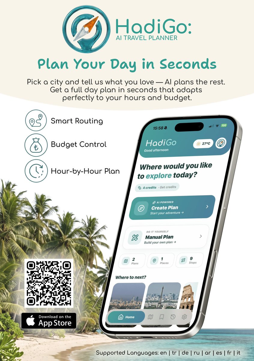 berkaegean's tweet photo. 🚀 HadiGo is officially LIVE on @ProductHunt!
Planning a trip shouldn't take all day. I designed and built HadiGo to generate complete, hour-by-hour travel itineraries in seconds using AI—wrapped in a clean, minimalist iOS interface. 🌍✨
Built entirely from scratch by a solo UI/UX designer. I’d love to hear your feedback and answer your questions on the launch page! 👇
🔗 https://t.co/XX1jWqq5yg
#buildinpublic #indiedev #iOS #producthunt #travelapp