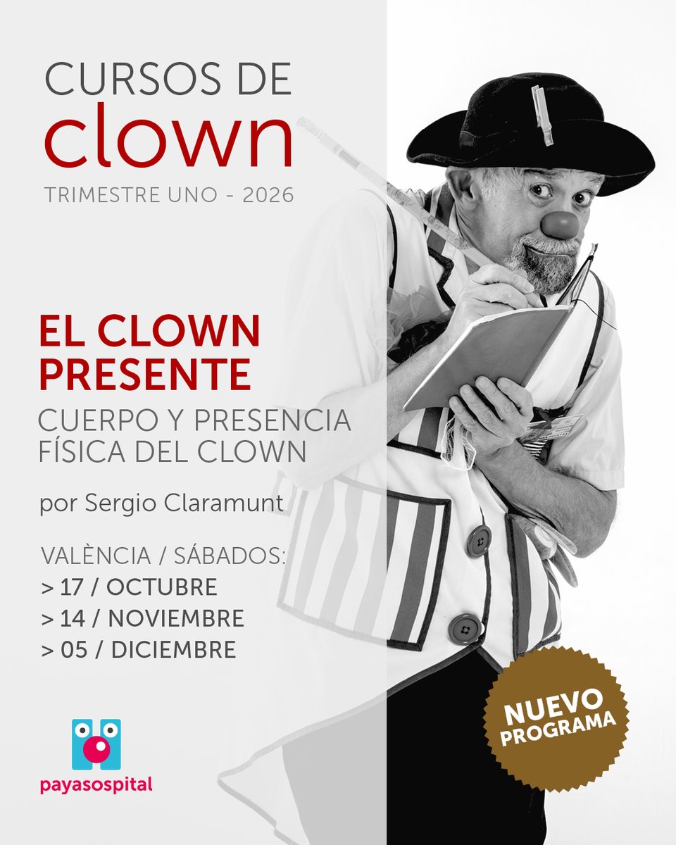 payasospital's tweet photo. Descubre en 9 sesiones cómo utilizar tu cuerpo, tus emociones y tu capacidad de juego para desarrollar un clown más libre, auténtico y espontáneo, de la mano de Sergio Claramunt. Más información e inscripciones: https://t.co/uw3W6XkM2G https://t.co/vZ4381XGAX