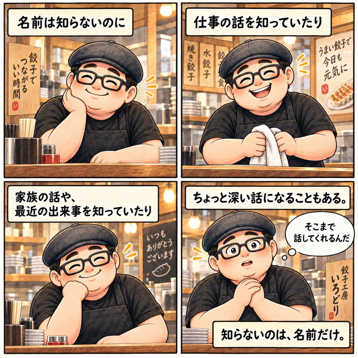 irodorigyoza's tweet photo. 常連さんなのに名前を知らない人が結構います。

向こうは僕を「緑川さん」と呼ぶ。
でも僕はずっと「お客様」。

名前は知らないのに仕事や家族の話は知っている。
久しぶりに来れば昨日の続きみたいに話が始まる。

お店って不思議な人間関係ができる場所です😂 https://t.co/sMCgTq8n5F