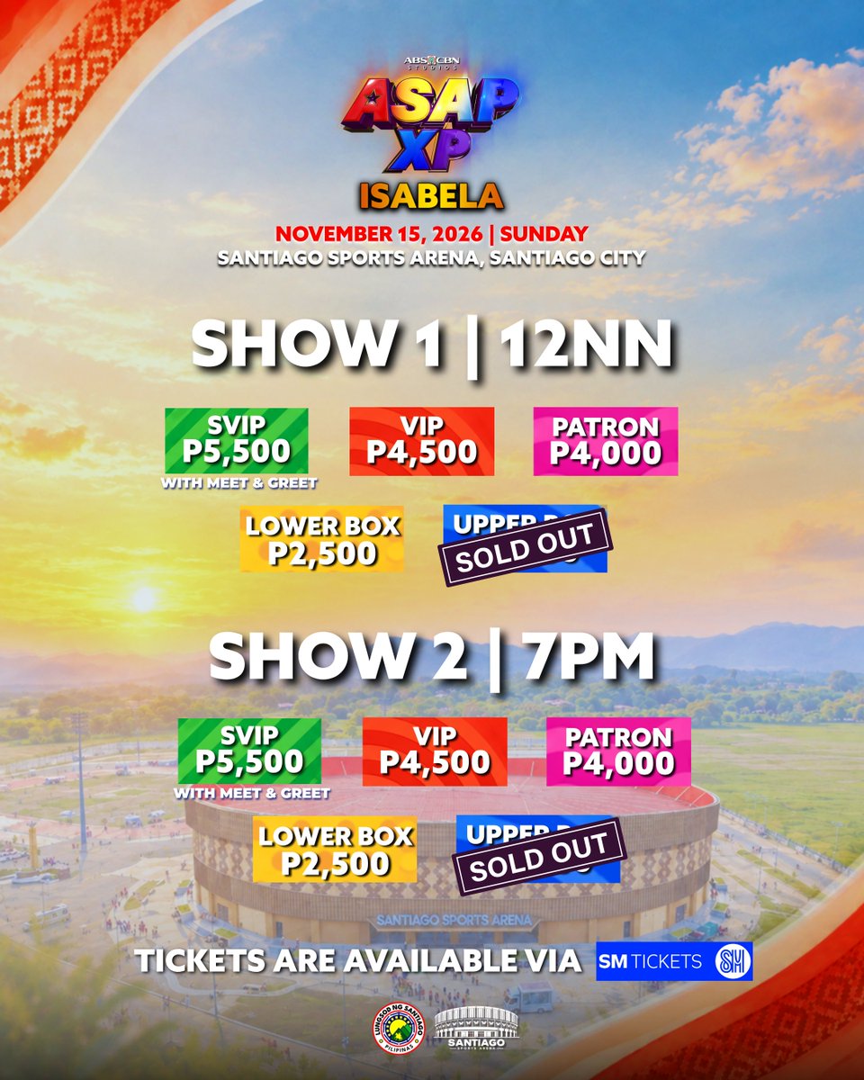 ASAPOfficial's tweet photo. ISABELA, UPPER BOX IS SOLD OUT! 🤯🔥

Kung gusto mong maging part ng ASAP XP Isabela, baka ito na ang moment para kumuha ng ticket bago pati ibang sections maubos! 👀

Secure your tickets habang may available pa! 🤩🙌

https://t.co/nGG7mKuHOY

#ASAPXP #ASAPXPIsabela https://t.co/YT5kJNNkbL