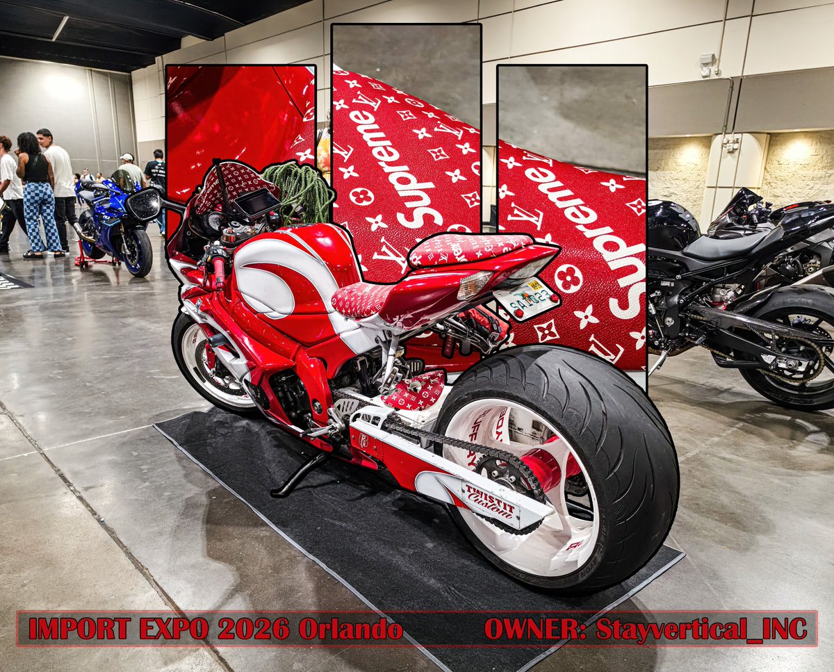 LenBeeks0w's tweet photo. Awesome custom Supreme livery Suzuki GSX-R 
Owner: @stayvertical_inc 
At the 2026 @importexpo. tm event at @orangecountyconventioncenter in Orlando, Florida 
Photos taken on a Samsung Galaxy S26... https://t.co/zv2R33RzTp