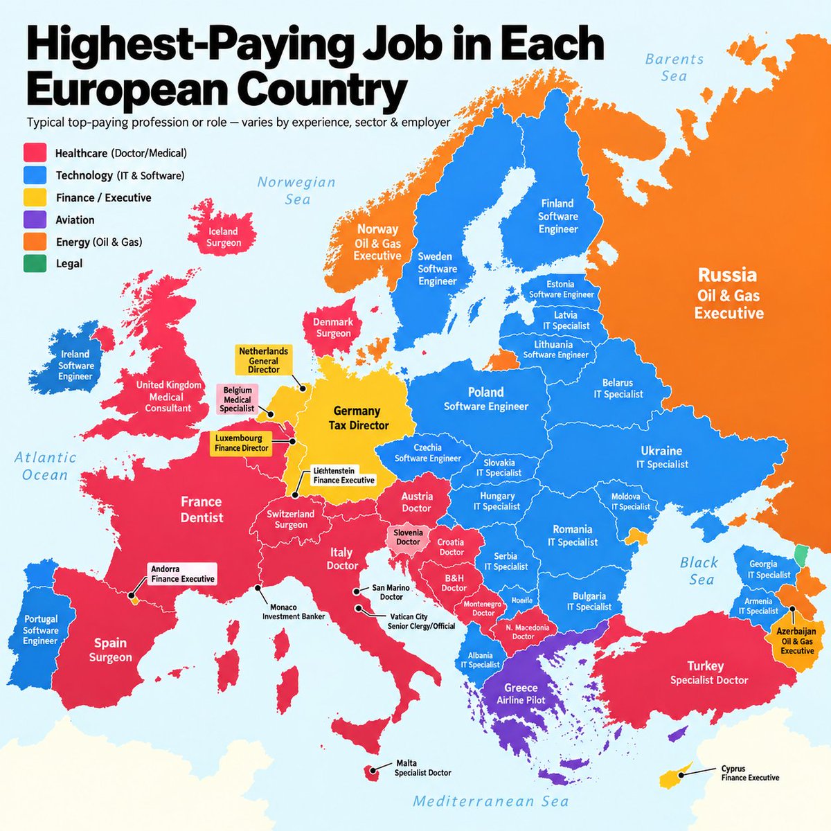 Stat_Cult's tweet photo. Highest Paying Job in each European Country https://t.co/aZruEsKL2d