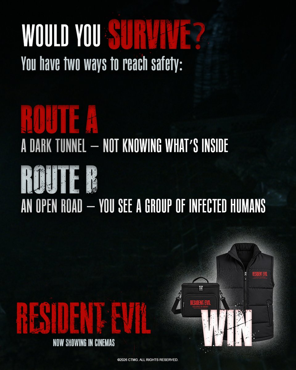 SonyMoviesSA's tweet photo. Which risk would YOU take?
 
Sometimes the danger you can see isn't the danger you should fear...

Choose your route and tell us A or B for your chance to WIN a limited-edition Resident Evil hamper! 

#ResidentEvil now showing in cinemas. The ultimate survival horror awaits. https://t.co/EmkE18XwIk