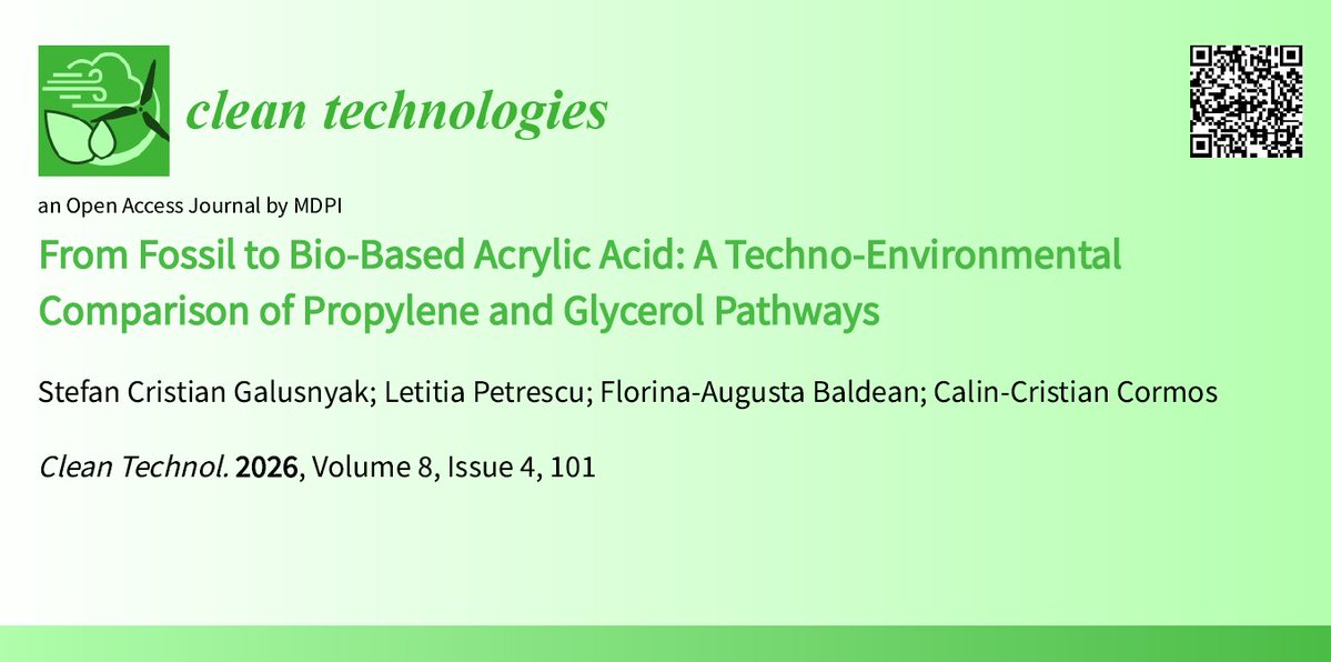 Cleantech_MDPI's tweet photo. #cleantech #openaccess #cleantechnologies #renewableenergy  

From Fossil to Bio-Based Acrylic Acid: A Techno-Environmental Comparison of Propylene and Glycerol Pathways

 👉https://t.co/3fbzGesV6m

#AcrylicAcidProduction #GlycerolValorization #ProcessModelingAndSimulation https://t.co/K3HjzX9WEA