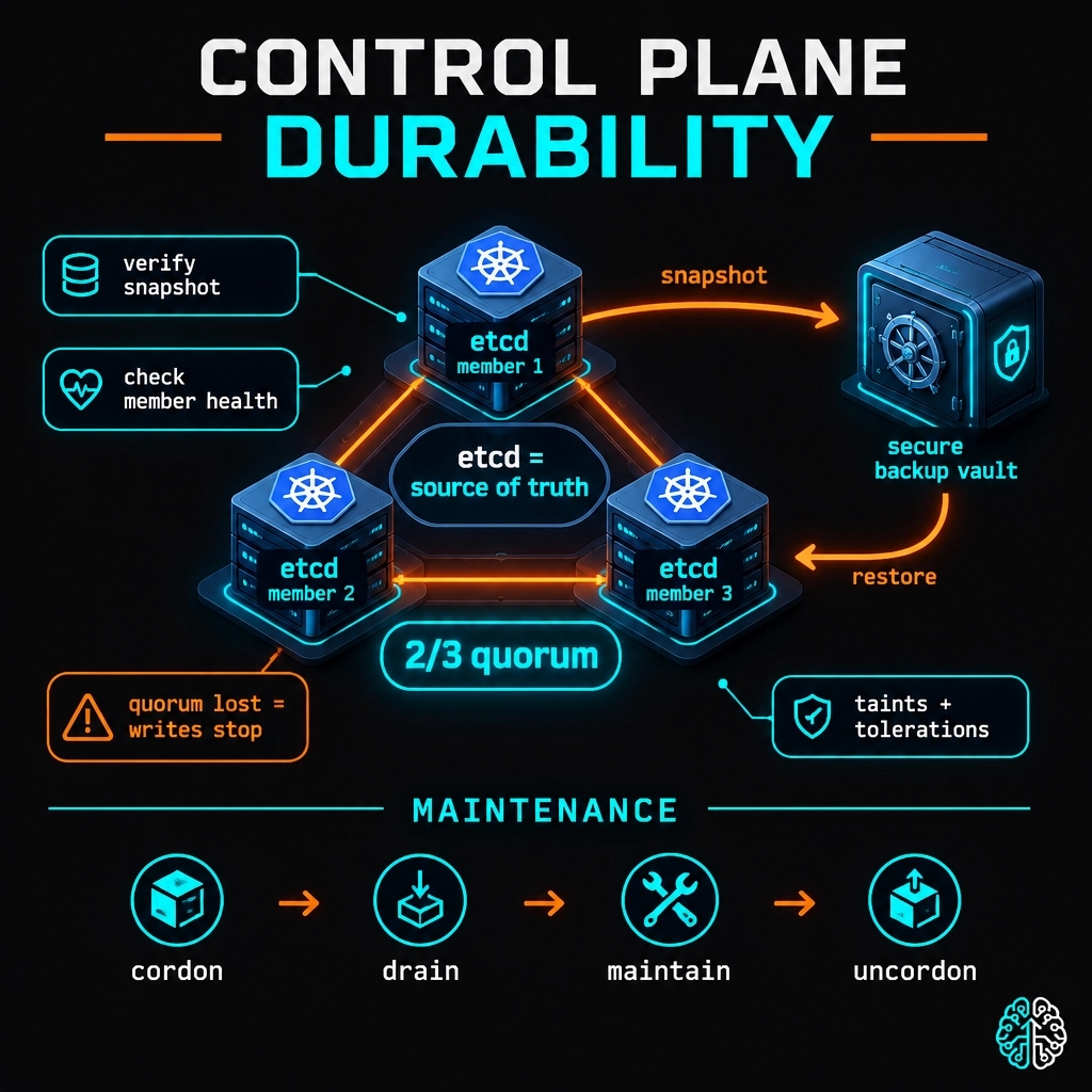 sheastech's tweet photo. 🔥 Lost quorum? Writes stop. etcd = source of truth. Verify snapshots, restore-test, then cordon → drain; use taints + tolerations. Build CKA + AWS DevOps + Linux skills for GovTech: https://t.co/Vsoh4AS5uy https://t.co/ZCJKD4VhZz