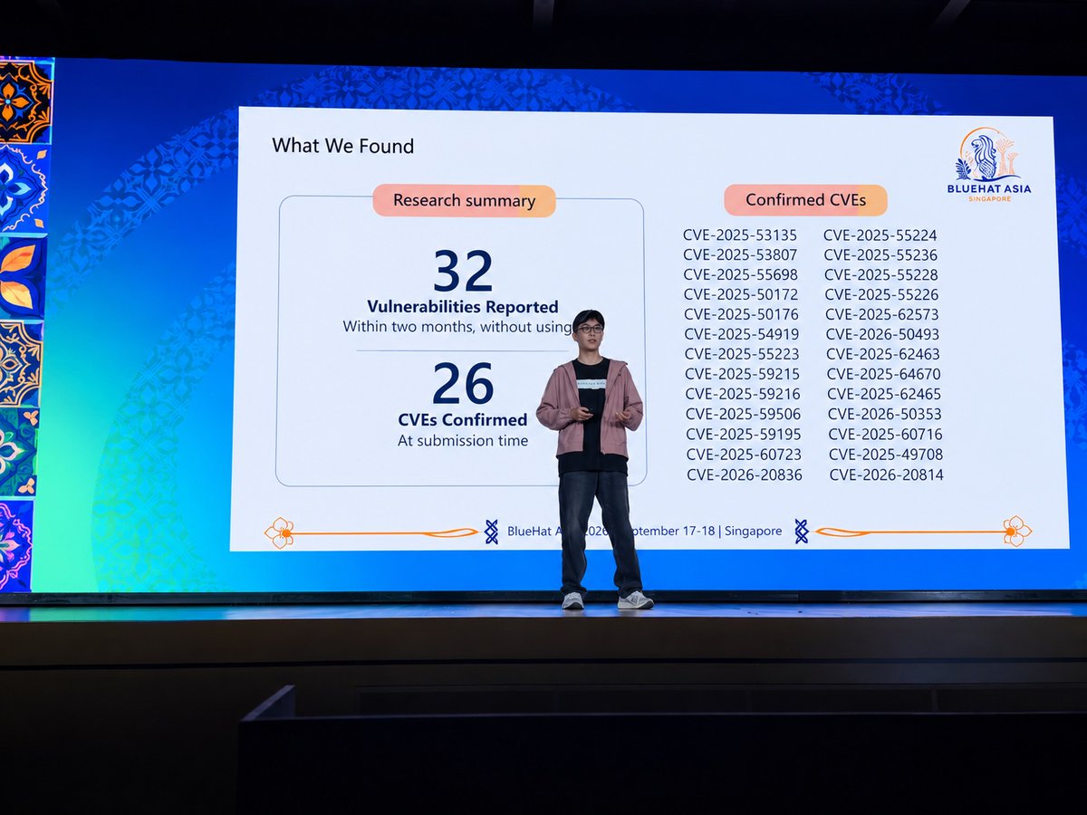MSFTBlueHat's tweet photo. Sometimes the most interesting vulnerabilities are not caused by a single bug, but by assumptions that quietly break over time.

At BlueHat Asia, Microsoft MVRs Zhu Qing and b2ahex (@b2ahex) shared their research into the Windows DirectX kernel, uncovering dozens of vulnerabilities spanning local privilege escalation, guest-to-host attack paths in Hyper-V, information disclosure, and denial-of-service scenarios. Their work resulted in 32 reported vulnerabilities and 26 confirmed CVEs at the time of submission.

 From user-mode interactions with dxgkrnl to host-side processing in GPU-PV environments, the researchers demonstrated how subtle violations of security assumptions can create powerful exploitation opportunities.

Beyond the vulnerability findings themselves, the talk offered a practical framework for security research: trace every path from attacker-controlled input to the final privileged action, and verify that security guarantees still hold at each step. It was a compelling look at how deep technical analysis can uncover entire classes of vulnerabilities across complex systems.