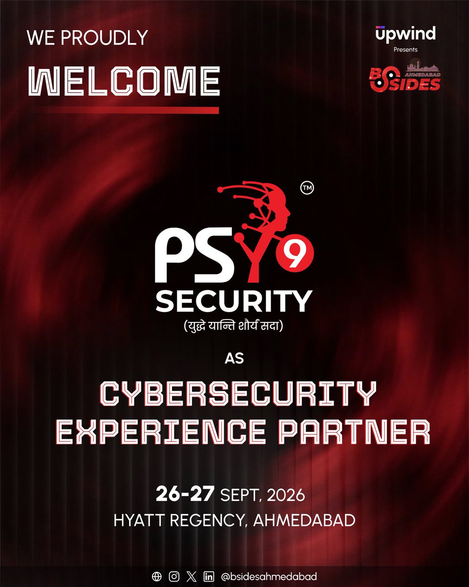 bsidesahmedabad's tweet photo. The floor is about to get busy. 👀🔥

We’re proud to welcome @PSY9Security as Cybersecurity Experience partner for Upwind Presents BSides Ahmedabad 0x7.

Two days. One room full of security minds. And a whole lot to discover beyond the stage. Come meet the teams, explore what they’re building, and make some new connections along the way.

📍 Hyatt Regency, Ahmedabad
📅 26–27 September 2026

🎟️ Planning to be there? Lock in your spot before the room fills up: https://t.co/ppHZdsuaUv 🚀

#psy9 #BSidesAhmedabad2026 #infosec #cybersecurity #conference