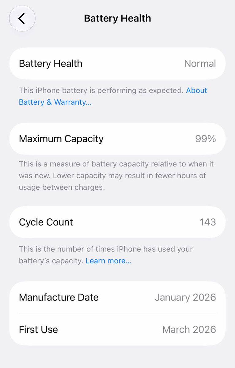 SulthanMubara12's tweet photo. 43 cycles and 6 months in, maximum capacity just hit 99% right after the update. 📉
Standard recalibration, but the post-update drain is real. Anyone else seeing this?
#iPhone #iOSUpdate #AppleSupport https://t.co/F5shdsEdEM