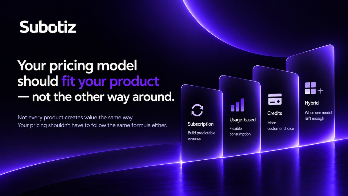 Subotiz_AI's tweet photo. Your pricing model should fit your product — not the other way around.
Not every product should monetize the same way.
With Subotiz, businesses can choose from flexible pricing models including:
🔄 Subscription for recurring access
⚡ Usage-based for variable consumption
💳 Credits for flexible spending
📊 Tiered for different customer needs
🧩 Hybrid for more complex models
Choose the model that fits how your product creates value.
Find the pricing model that fits your product：https://t.co/5EOhtLPvqP

#Subotiz #Monetization #SubscriptionBilling #UsageBasedPricing #SaaS #AI #Fintech