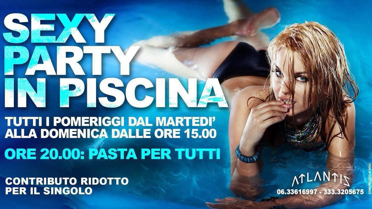 Atlantis_prive's tweet photo. Insieme pomeriggio e sera ☀️🌙 

💦SEXY PARTY in PISCINA 
 Tutti i pomeriggi dal *martedì alla *domenica dalle ore 15.00

 🍝Ore 20.00: Pasta per tutti!

👉 Stasera, dalle ore 22.30
Serata SWINGER DANCE 🎶 con live music by Mr Mimmo
Mega prive’ -piscina - oasi fkk https://t.co/S2C9H5U62V