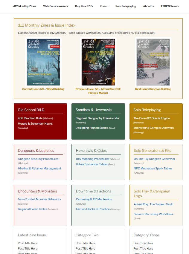 yum_dm's tweet photo. Still working on the design. Mucking around with form & colours. Zines have prominent space at the top, then articles by categories and sub-categories based on the three pillars of my articles: 1. Old School #DnD, 2. #SoloRPG, and 3. #WorldBuilding.
#TTRPG #DungeonsAndDragons https://t.co/Tme0bjDP6Q