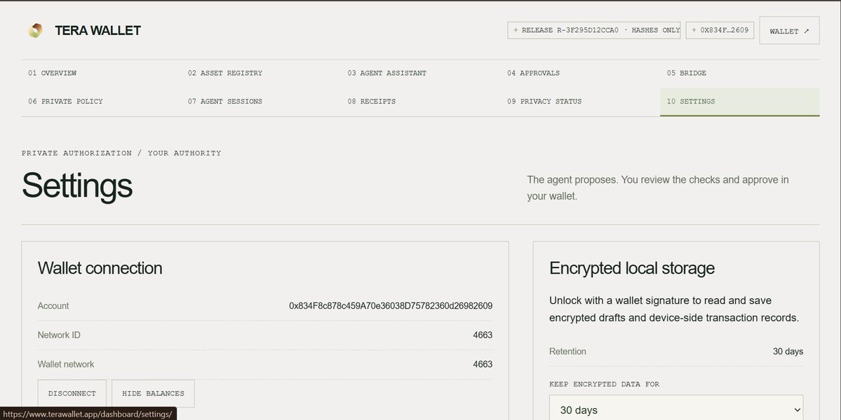 TeraWalletRH's tweet photo. Update: Tera Wallet can now send agent requests through Oblivious HTTP.

A separate relay sees your IP, not what you asked. Tera sees what you asked, not your IP. The wallet refuses a relay that points back to the Tera API.

It is off by default. Turn it on when you want the extra privacy layer.

https://t.co/VND8AyMhWh