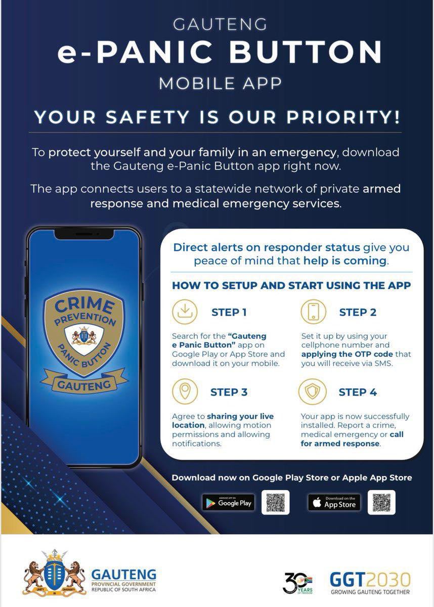 Lesufi's tweet photo. When in Gauteng and you need help please use the Gauteng ePanic button. In the last 48 yours we recorded almost 25k new downloads. Do it, it’s free #CreatingAsaferGauteng #GrowingGautengTogether https://t.co/lmiEdWpG9k