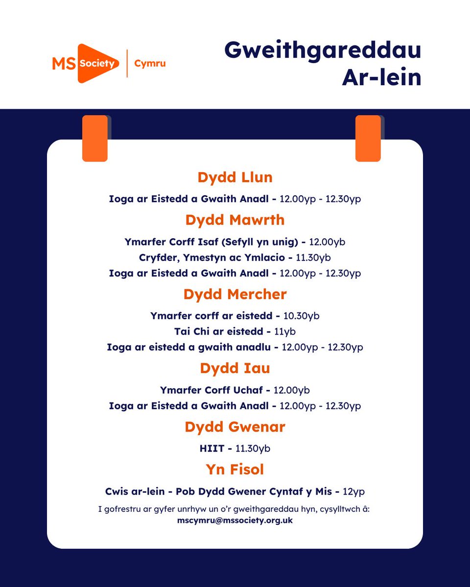 mscymru's tweet photo. Did you know MS Society Cymru offers free online activities every week? 💙
From yoga and Tai Chi to HIIT and physio-led exercise, there's something for everyone.

💪 Weekly sessions
📧 To register for any session: mscymru@mssociety.org.uk

#LivingWellWithMS #MSCymru https://t.co/yFjaoH1Cjr