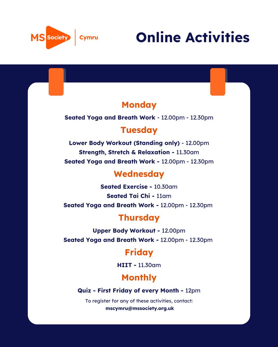 mscymru's tweet photo. Did you know MS Society Cymru offers free online activities every week? 💙
From yoga and Tai Chi to HIIT and physio-led exercise, there's something for everyone.

💪 Weekly sessions
📧 To register for any session: mscymru@mssociety.org.uk

#LivingWellWithMS #MSCymru https://t.co/yFjaoH1Cjr