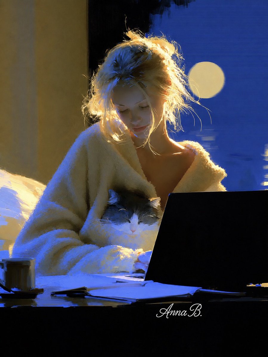 Aurora41155547's tweet photo. A Quiet Night with Her Cat
#Art #SynthArt #AnnaBArt #NocturnalMood #GoldenLight #QuietMoments #ContemporaryA https://t.co/ZZRosn2iWm
