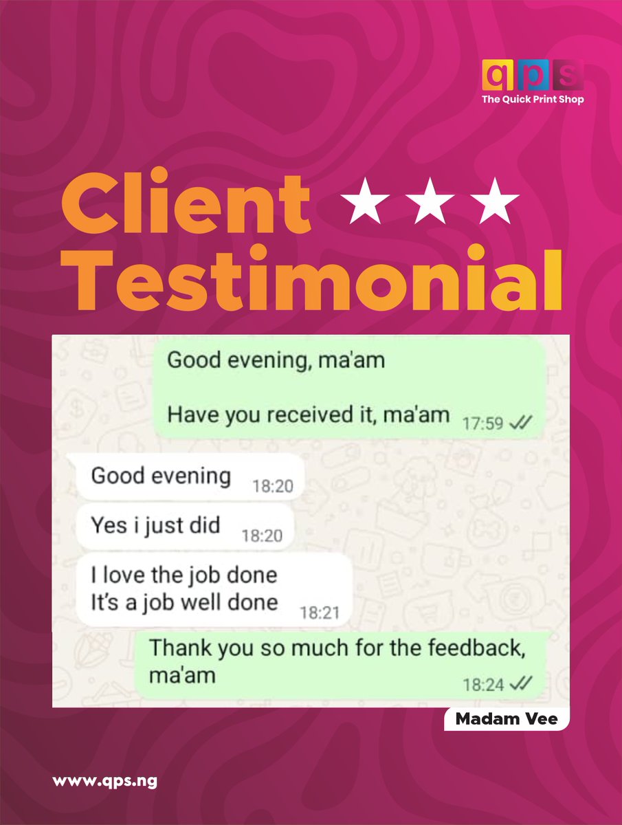 QuickPrintShopN's tweet photo. Trusted by our clients,loved for our quality. Your satisfaction is our best testimonial.
For enquiries, you can walk into our office, location in bio
Call/WhatsApp US:
08158848484
09022228280
08033338484
#TheQuickPrintShop
#QualityPrinting
#ClientTestimonials
#HappyClient
#qps