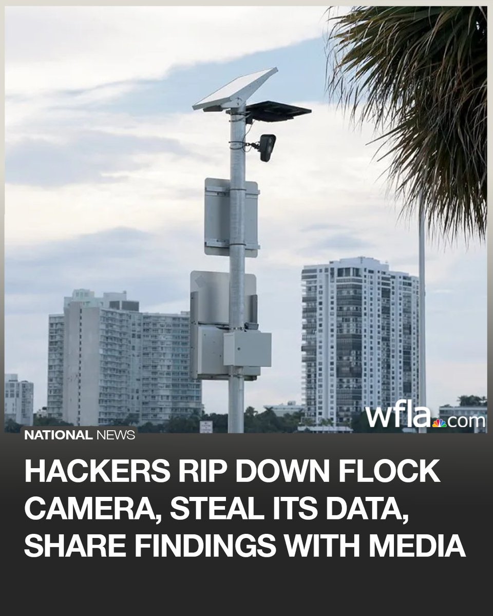 WFLA's tweet photo. A group of hackers ripped down a Flock camera and stole its data, finding that the cameras’ software can generate dozens of images from a single passing vehicle to develop its signature. https://t.co/G6uAbh1jbm https://t.co/6LKGi4QZWA