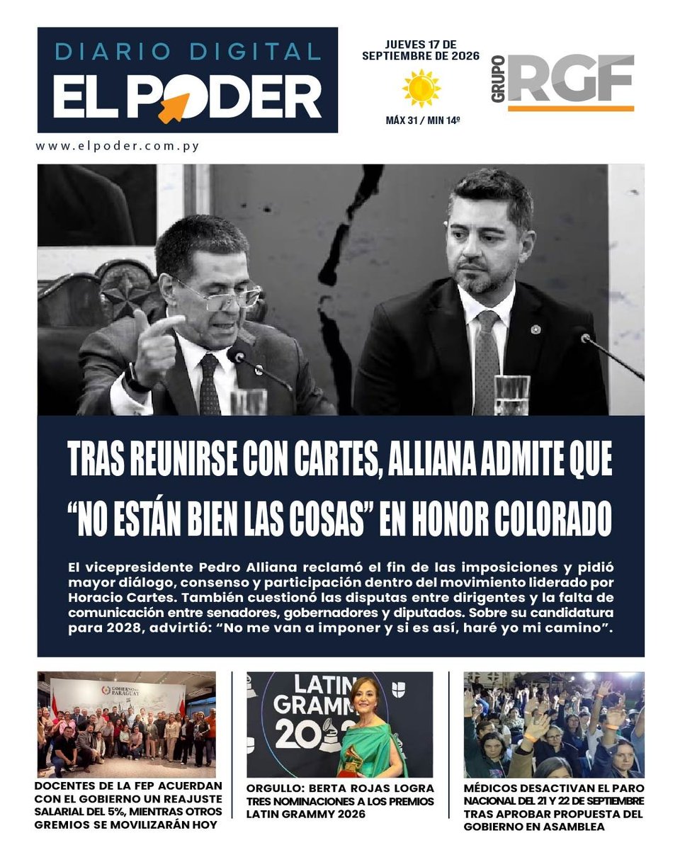 elpoderpy's tweet photo. ¡Buenos días! Empezá tu jornada bien informado.
📰 Portada de nuestro diario #ElPoderPy del jueves, 17 de septiembre de 2026.
🗞️ Te compartimos también los temas más destacados de los diarios nacionales.
Seguinos en: 📲 Facebook 📲 Tik Tok 📲 Ig
#TapasDeDiarios #Noticias https://t.co/3KmqgOlym3