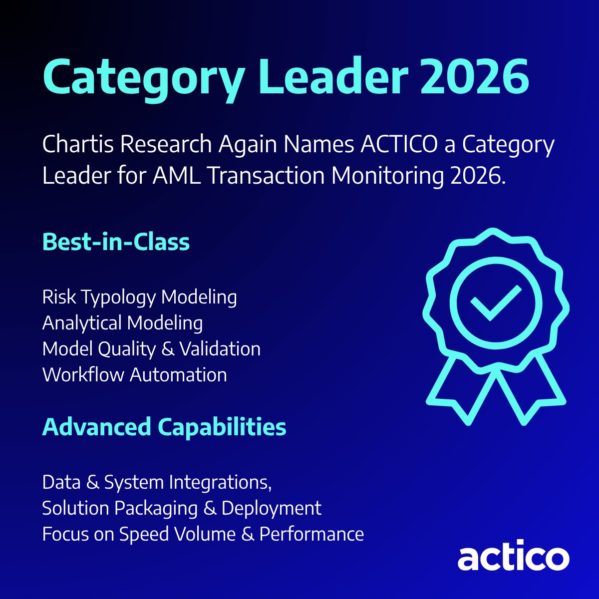 ACTICO_en's tweet photo. Starkes AML Transaction Monitoring braucht vernetzte Daten, die nahtlose Integration und zuverlässige Performance. Dafür hat Chartis Research ACTICO im Report „AML Transaction Monitoring Solutions 2026“ mit Bestnoten ausgezeichnet. 
https://t.co/y8EODCr182 #banken #versicherer https://t.co/mSgGV2kcec