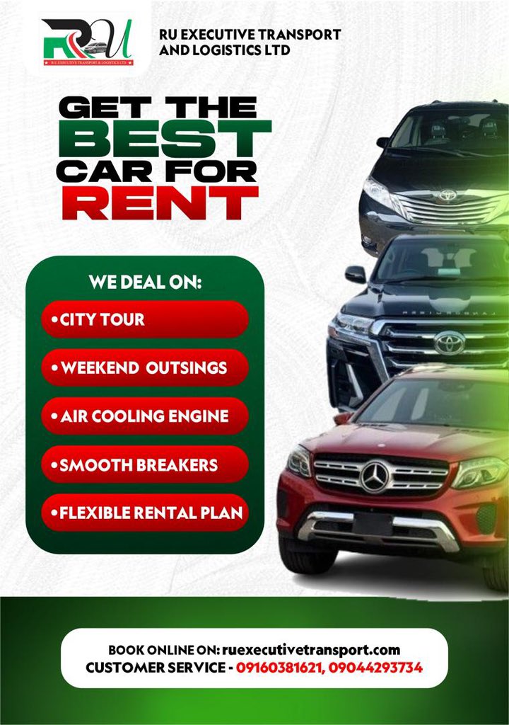 CatiaKyen's tweet photo. Travel in style with RU Executive Transport & Logistics.

• Abuja ↔️ Jos 
• Jos ↔️ Abuja
• Jos ↔️ Kaduna
• Jos ↔️ Yola–Jalingo
In a Sienna — only 5 passengers.

Morning take-offs only: 7:00 AM & 8:00 AM (both cities).

Also need a rental car? Get the best ride for: • City tours
• Weekend outings
• AC comfort & smooth ride
• Flexible rental plans
• SUVs for movies shoots or music videos and other events.

Book now
https://t.co/FT8VsOUbaN

0916 038 1621 | 0904 429 3734

Abuja terminal: Riverplate Park, Central Area (off Yahuza Suya)

Jos terminal: Sparkling Junction, opposite UBA (Dadin Kowa)