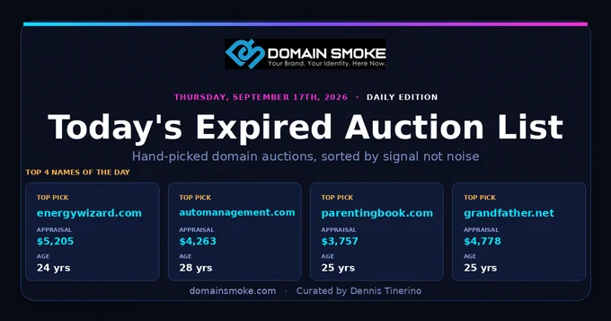 Today's hand-picked expired GoDaddy domain auctions ending September 17, 2026. 233 top names led by energywizard.com, automanagement.com, parentingbook.com and grandfather.net, plus 61 bargain bucket deals.