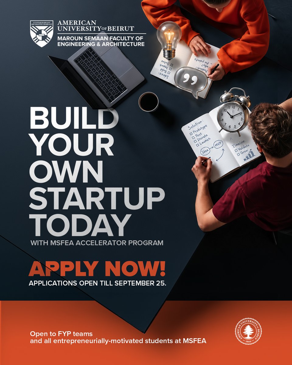 MSFEA_AUB's tweet photo. Do you have a promising startup idea? The MSFEA accelerator program is your chance at realizing it. Our program is designed to help you transform your innovative ideas into a successful business. 🚀

📅Application deadline: September 25, 2026.

Open to all FYP teams and entrepreneurially-motivated MSFEA students.

Apply now: https://t.co/mMCxtKrbqX