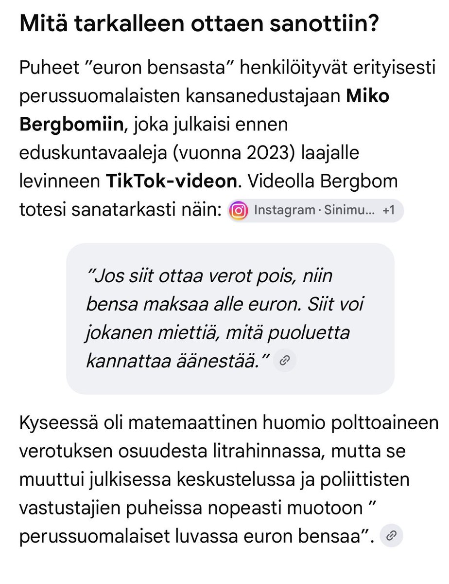 Aristo603835485's tweet photo. Tarkistin tekoälyllä Mikon aikanaan esitetyn väittämän euron bensasta. 

Hän on esittänyt mitä bensa maksaisi verottomana. 

Anne Kalmarin tulisi kyllä korjata virheensä ja pyytää julkisesti anteeksi valheellista väittämäänsä. 

#keskusta #kalmari #bensa https://t.co/69pOPS9nM9