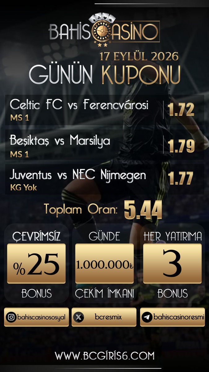 TRbahiscasino's tweet photo. ⚽️ BC Analiz Ekibinin Hazırladığı Günün Kuponu! 🏆 Spor Jest Bonusu! #bahiscasino 🏆 https://t.co/cs7tfjES9V https://t.co/gO1BJcn1Dr