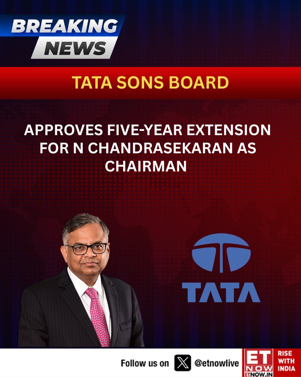 ETNOWlive's tweet photo. #Breaking | Tata Sons Board approves a five year extension for N Chandrasekaran as Chairman sources tell ET NOW.
@anujosh_aj
#NChandra #TataSons https://t.co/yLpb4B0Cjn