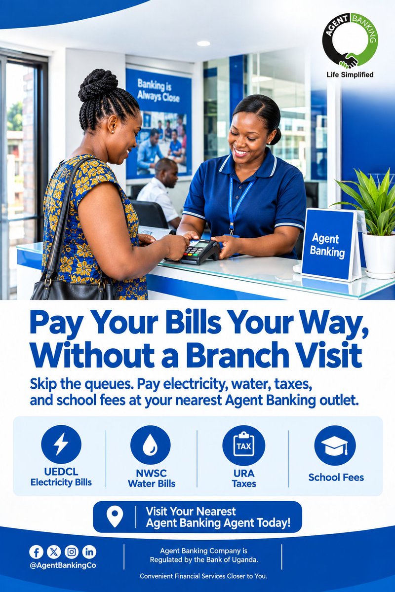AgentBankingCo's tweet photo. Pay your bills your way. #JustLikeThat
Skip the queues and branch visits. Pay electricity, water, taxes and school fees conveniently at your nearest Agent Banking outlet.
๐ Banking closer to you.
Agent Banking Company โ Life Simplified.
#JustLikeThat #AgentBanking #BankingEverywhere #Uganda