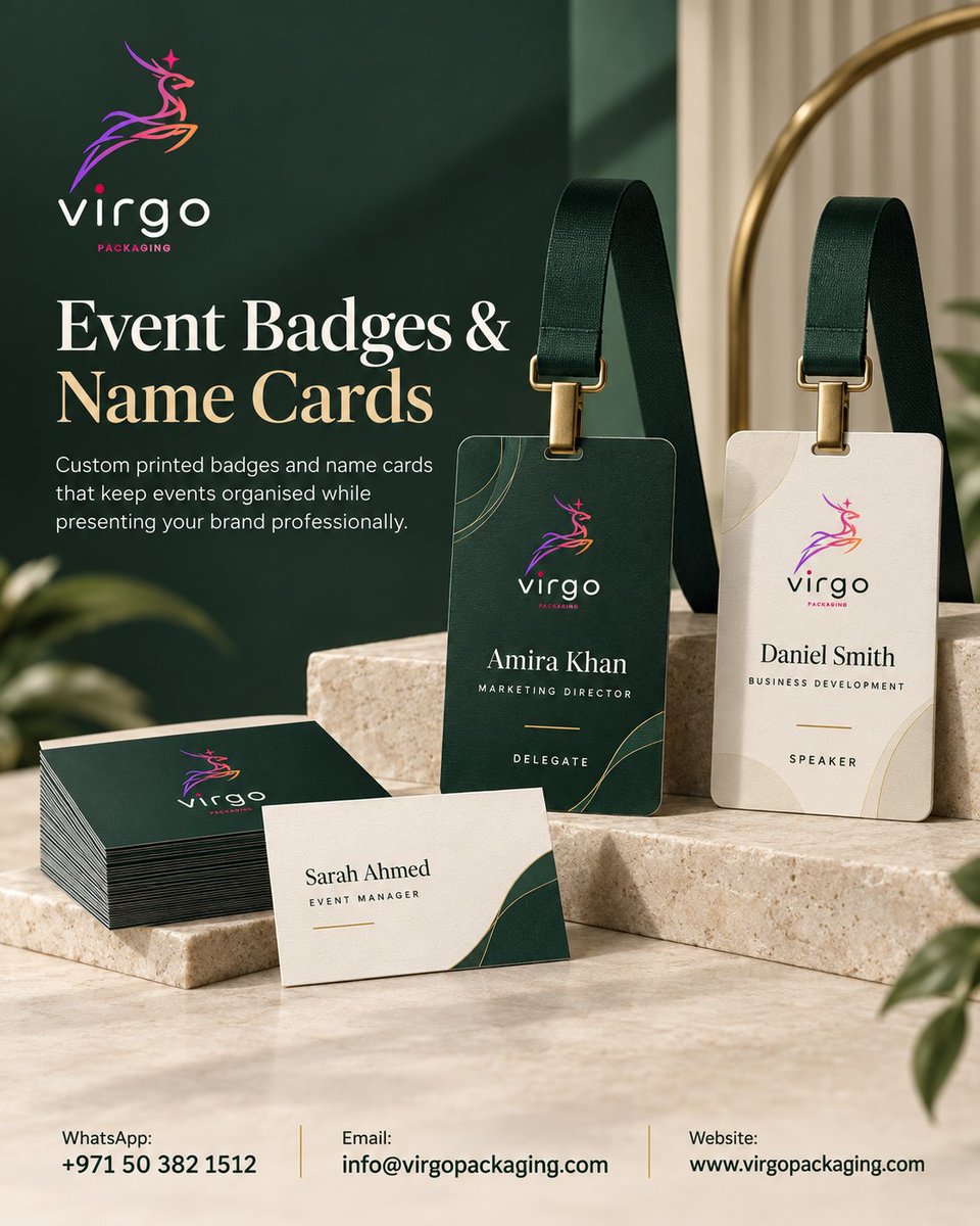 virgopackaging's tweet photo. Professional events start with the details.

Custom Event Badges &amp; Name Cards for delegates, speakers, staff and VIPs — designed to keep your event organized and your branding consistent.

+971 50 382 1512
https://t.co/YCDgtnjxGI

#VirgoPackaging #EventBadges #EventBranding https://t.co/4OrJnW5dbh