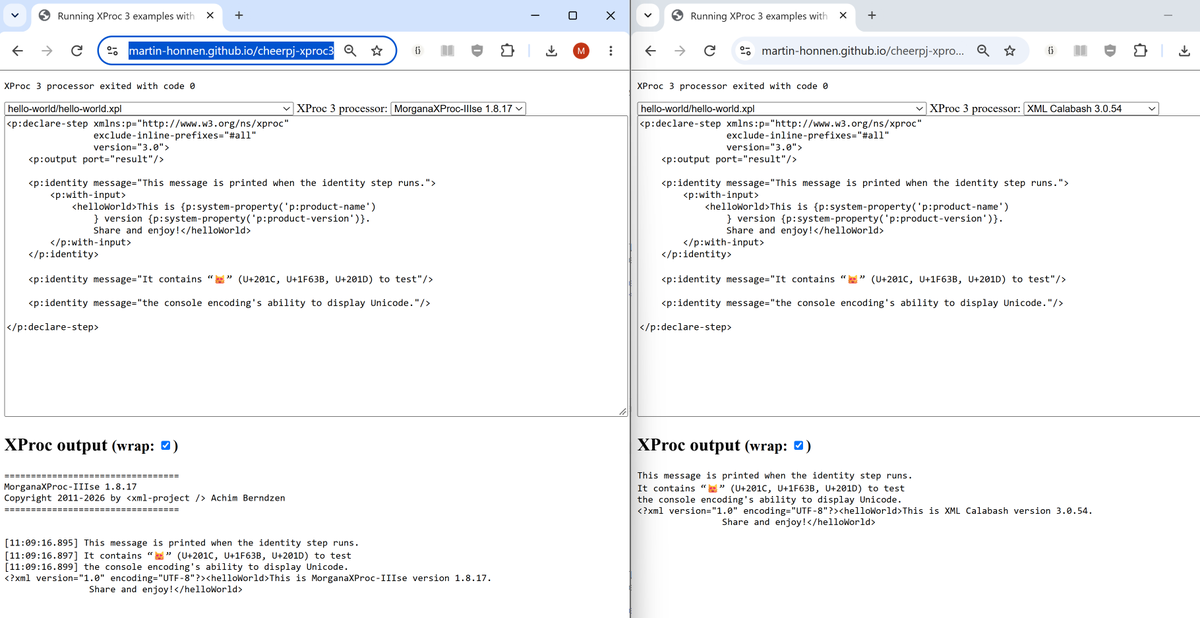 XSLT_knowmad's tweet photo. My #CheerpJ powered, purely browser-side #XProc 3 samples runner https://t.co/JYYS7qVIBk has been upated to use the latest version of XML #Calabash and of #MorganaXProc-IIIse. https://t.co/45XPQGWctz