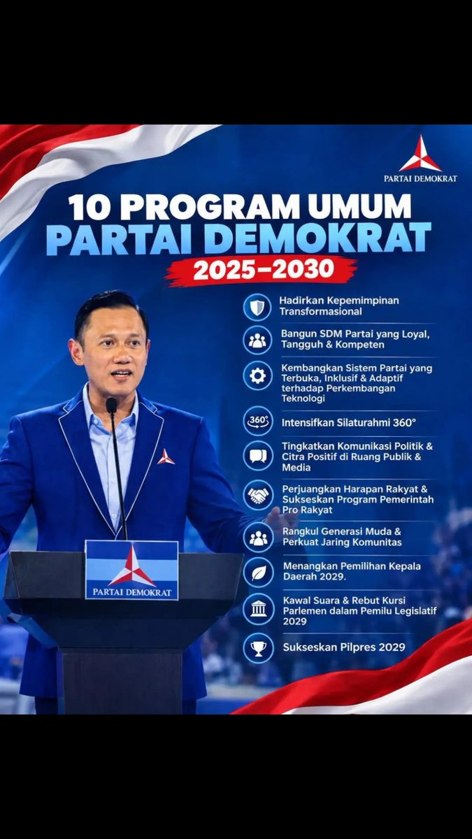 DPCDemokratLA's tweet photo. 10 Program Umum Partai Demokrat 2025-2030

- Fokus pada SDM loyal, tangguh &amp; kompeten
- Sistem partai terbuka, inklusif &amp; adaptif teknologi
- Perjuangkan harapan rakyat lewat program pro-rakyat
- Rangkul generasi muda &amp; perkuat komunitas
- Kawal suara &amp; sukseskan Pilpres 2029 https://t.co/7IZ676sc0A