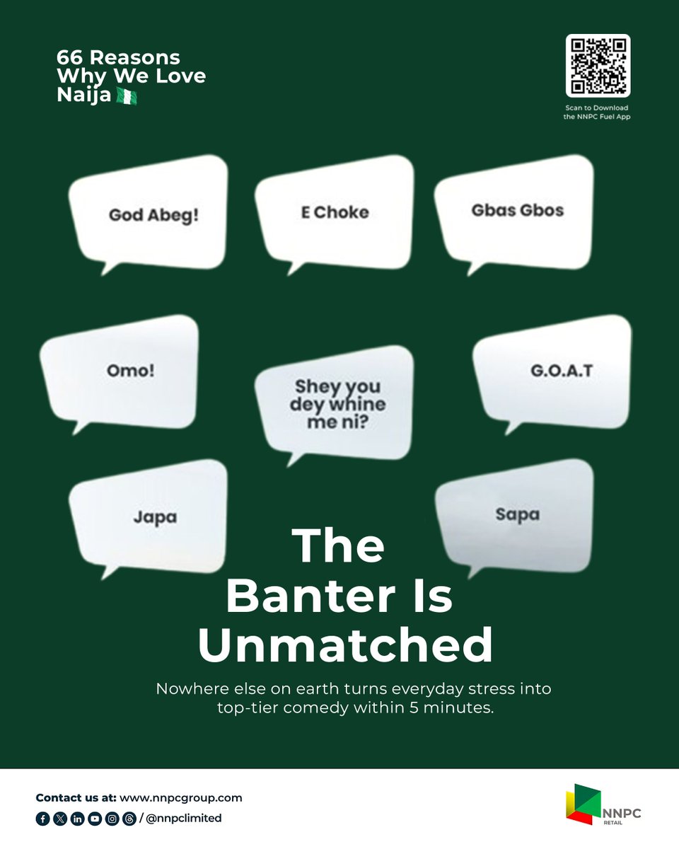 nnpclimited's tweet photo. E choke. Omo. Gbas gbos. Japa. Sapa. Shey you dey whine me ni.
 
Which of these do you use the most?
 
Download the NR Fuel App by scanning the QR code or visit https://t.co/NPVnY1sp5r today.
 
#NNPCNaija66
#FuelTheFreedom 
#EnergyForToday 
#EnergyForTomorrow https://t.co/aVwmYUWhcD