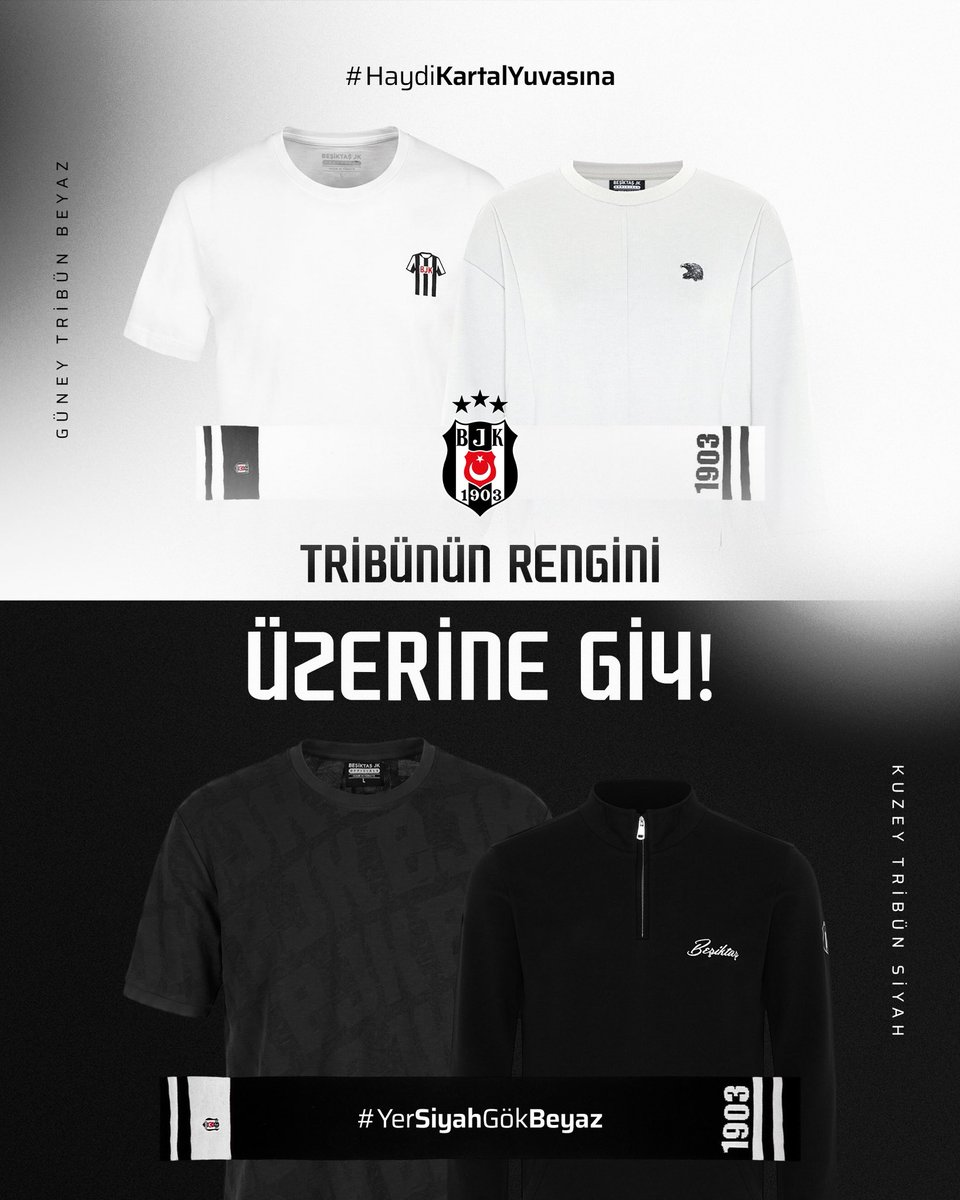 BJKKartalYuvasi's tweet photo. Kuzey Tribün SİYAH, Güney Tribün BEYAZ! 🏴🏳️

Tribünün rengini üstüne giy, yerini al! 🦅

Rengini Kartal Yuvası’ndan seç, akşam tribünde buluşalım!

#YerSiyahGökBeyaz #HaydiKartalYuvasına https://t.co/QYSxg8jhZR