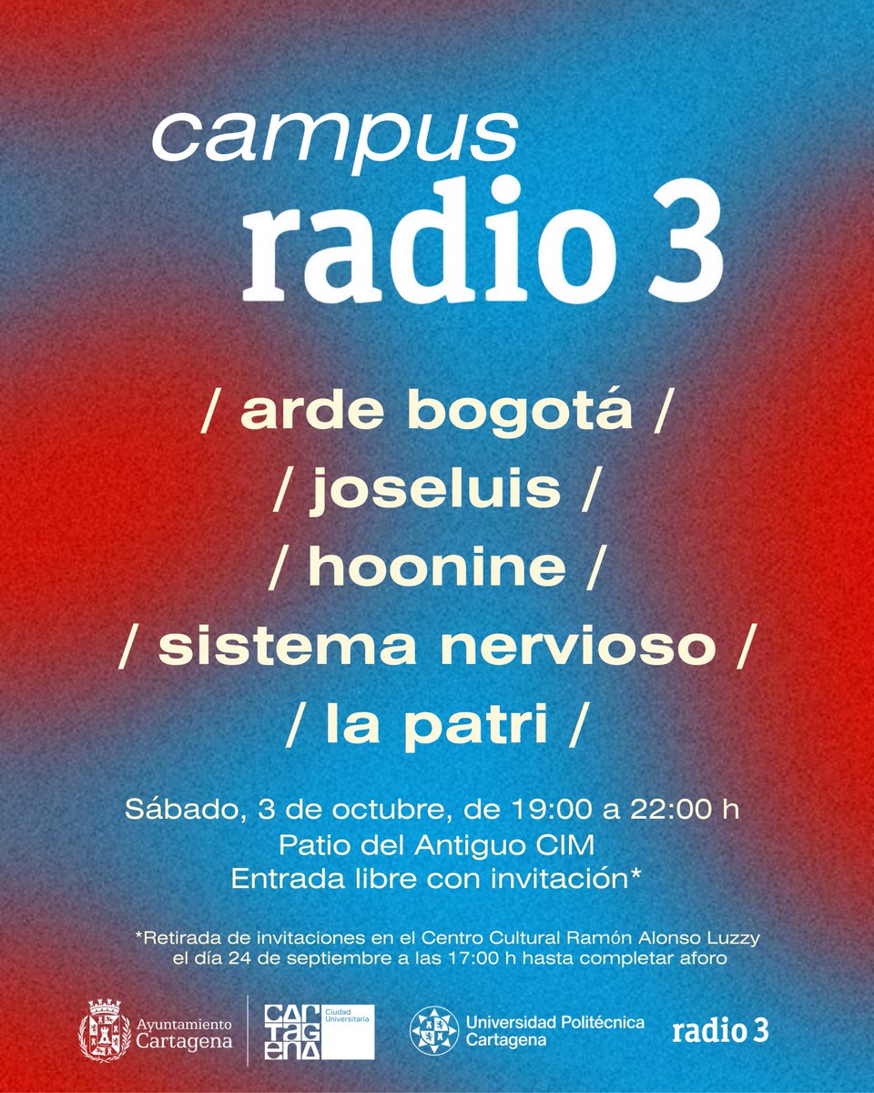 radio3_rne's tweet photo. Gran fiesta universitaria de Radio 3 en Cartagena

🎉 Arde Bogotá estrena su disco "MCGS" en directo @arde_bogota 

🎼 Actuaciones de Joseluis, Hoonine, Sistema Nervioso y La Patri

🗓️ Sábado 3 de octubre

🕖 19:00 - 22:00

📍 Patio del Antiguo Cuartel de Instrucción de Marinería https://t.co/VPD7sKkGPi