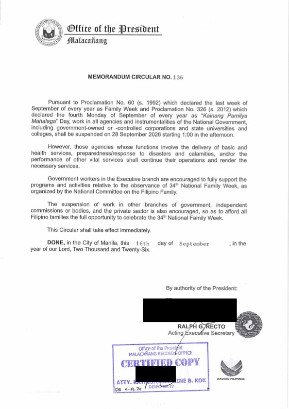 News5PH's tweet photo. HALF WORK-DAY SCHED SA GOV’T OFFICES SA SEPT. 28

Suspendido ang pasok sa mga opisina ng gobyerno, kabilang ang government-owned o -controlled corporations at state universities at colleges, sa Sept. 28, simula 1 p.m. para sa pagdiriwang ng “Kainang Pamilya Mahalaga” Day na bahagi ng 34th National Family Week.

📷: Official Gazette
