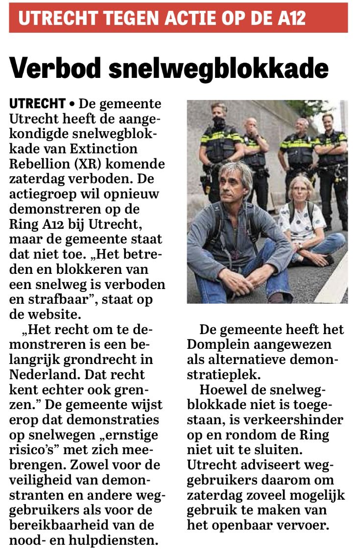 Verwachte snelwegblokkade door XR op A12