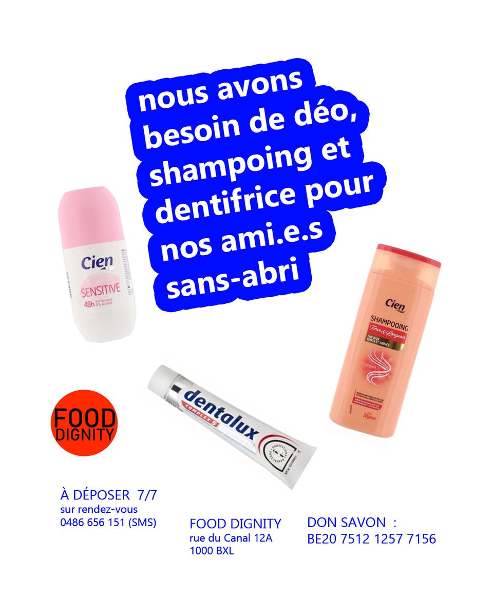 job_dignity's tweet photo. Notre stock est vide !!!
À déposer 7/7 chez #FoodDignity au #GrandHospice
Don savon : BE20 7512 1257 7156
#shower #douche #homeless #daklozen #sansabri #hygiène https://t.co/hrs08KXJm0