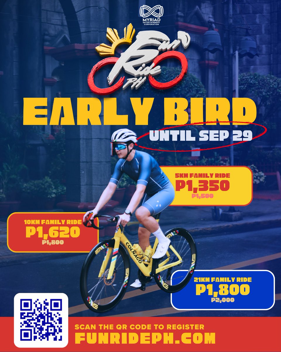 myriad_corp's tweet photo. We heard you, riders 📣🚴🏼

We're extending the EARLY BIRD rates until Sept 29. Register now at https://t.co/uZD5c58ue7

See you on Nov 7 at the Quirino Grandstand 🚴🏼

@aldenrichards02 
#FunRidePH https://t.co/ex9osh39Ra
