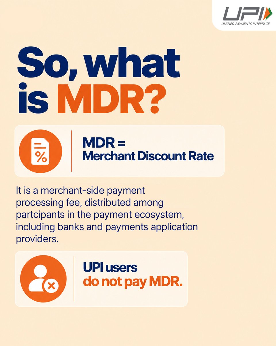 UPI_NPCI's tweet photo. MDR on UPI? Let’s clear the air. 🔍

P2P payments remain free. For P2M transactions, zero MDR continues up to ₹2,000, while MDR is applicable to specified merchant transactions above ₹2,000.

And importantly, MDR is a merchant-side charge — UPI users are not charged MDR.

Swipe through to understand what’s changing, what’s not, and where MDR is applicable. →

#UPI #MDR #DigitalPayments