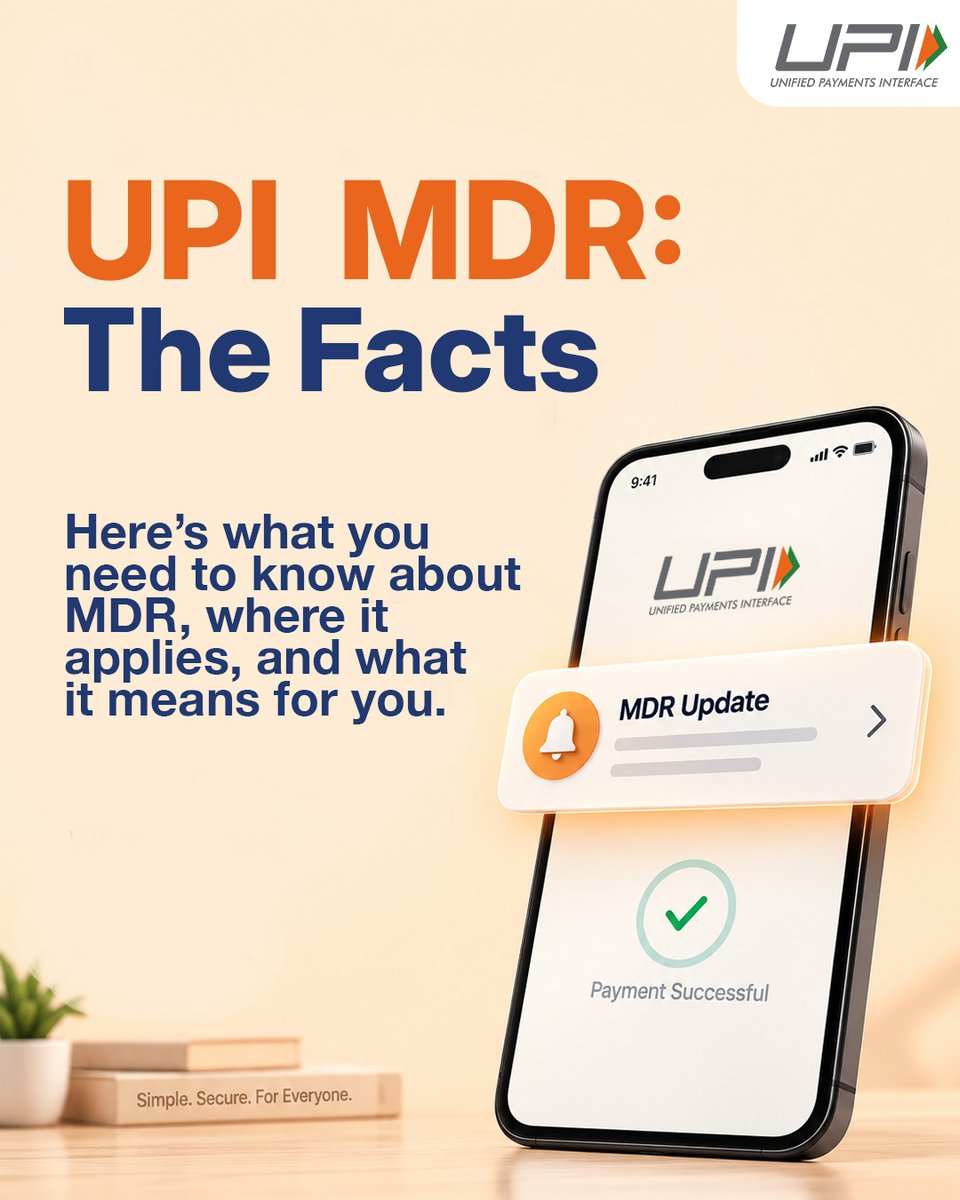 UPI_NPCI's tweet photo. MDR on UPI? Let’s clear the air. 🔍

P2P payments remain free. For P2M transactions, zero MDR continues up to ₹2,000, while MDR is applicable to specified merchant transactions above ₹2,000.

And importantly, MDR is a merchant-side charge — UPI users are not charged MDR.

Swipe through to understand what’s changing, what’s not, and where MDR is applicable. →

#UPI #MDR #DigitalPayments
