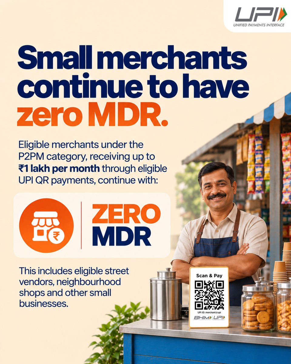 UPI_NPCI's tweet photo. MDR on UPI? Let’s clear the air. 🔍

P2P payments remain free. For P2M transactions, zero MDR continues up to ₹2,000, while MDR is applicable to specified merchant transactions above ₹2,000.

And importantly, MDR is a merchant-side charge — UPI users are not charged MDR.

Swipe through to understand what’s changing, what’s not, and where MDR is applicable. →

#UPI #MDR #DigitalPayments