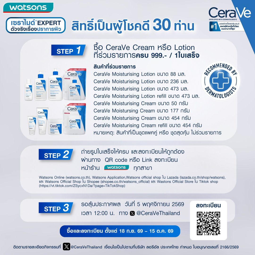 CeraVeThailand's tweet photo. 💙 เปิดวาร์ปความฟินครั้งใหม่! กับเซราไมด์ EXPERT ตัวจริงเรื่องปราการผิว 
เตรียมตัวให้พร้อม! กับกิจกรรมสุดเอ็กซ์คลูซีฟที่ทุกคนรอคอย พี่เซราวีชวนมาช้อปเพื่อลุ้นเป็น 1 ใน 30 ผู้โชคดี ที่จะได้เข้าร่วมงาน Exclusive Group Meeting ในวันที่ 29 พ.ย. 69 พร้อมฟินกับการถ่ายรูปโพลารอยด์ 2:1 กับ "จูเนียร์ และ จัมโม่" พร้อมลายเซ็นสดของจูเนียร์ ✨📸

กติกาง่ายๆ ในการร่วมสนุก:
🛍️ ซื้อ CeraVe Moisturising Cream หรือ Moisturising Lotion ที่ร่วมรายการครบ 999.- / 1 ใบเสร็จ (จาก Watsons ทุกสาขา หรือช่องทางออนไลน์ที่ร่วมรายการ)
📝 ลงทะเบียน ถ่ายรูปใบเสร็จให้ครบถ้วนแล้วสแกน QR Code เพื่อลงทะเบียน
📅 ระยะเวลาซื้อสินค้าและลงทะเบียนตั้งแต่วันนี้ – 15 ต.ค. 69 นี้เท่านั้น!
📢 ประกาศรายชื่อผู้โชคดีวันที่ 5 พ.ย. 69 เวลา 12:00 น. ผ่านทาง X @CeraVeThailand

สามารถอ่านรายละเอียดสินค้าที่ร่วมรายการและขั้นตอนการลงทะเบียนทั้งหมดได้ในรูปอัลบั้มโพสต์นี้ได้เลยนะคะ รีบไปช้อปกันด่วนๆ แล้วไปลุ้นเจอจูเนียร์และจัมโม่กันน้า 🛒💙

#CeraVeBodyxJuniorJummo
#เซราวีตัวจริงเรื่องปราการผิว
#เซราไมด์EXPERT
#CeraVeThailand