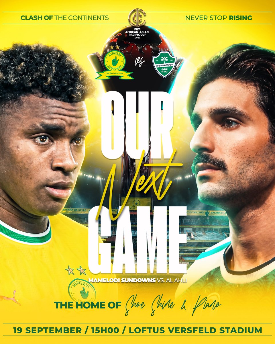 Masandawana's tweet photo. Next up: The global showdown awaits as Kings of Africa meet the Kings of Asia💪

⚽ Mamelodi Sundowns vs Al Ahli
🏆 Fifa Intercontinental Cup
📆 19 September 
⏰ 15H00
🏟 Loftus Versfeld 
📺 SS 205 & SABC 1
🎟️ Secure your ticket for just R80: https://t.co/6ZqZTAg3Su 

#Sundowns #NeverStopRising