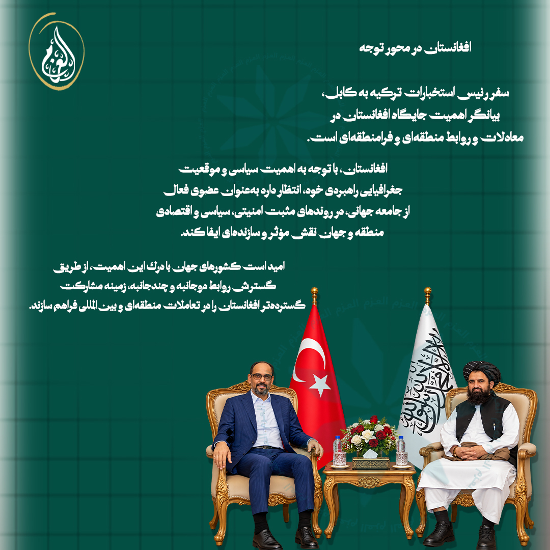 Al_azam_0's tweet photo. افغانستان در محور توجه

سفر رئیس استخبارات ترکیه به کابل، بیانگر اهمیت جایگاه افغانستان در معادلات و روابط منطقه‌ای و فرامنطقه‌ای است. https://t.co/GTmnHHL8Sd