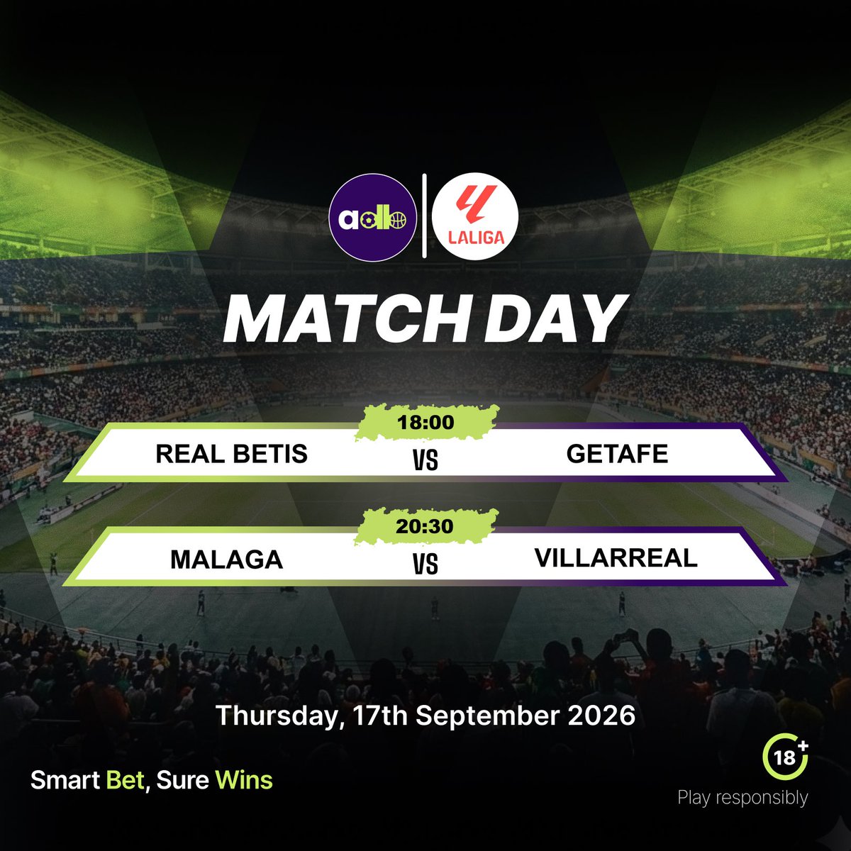 adasibet's tweet photo. MATCH DAY - LaLiga Thursday Night!
Real Betis vs Getafe - 18:00
Malaga vs Villarreal - 20:30
Two games, big points on the line. Who are you backing tonight?
#Adasibet
#Smartbetsurewins
#Matchday
#PlayResponsibly https://t.co/6maeclbvhc