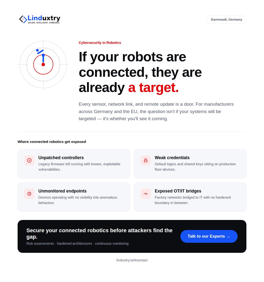 LinduxtryDE's tweet photo. Your robots are connected.

That means they're already a target.

🎯 Unpatched controllers
🔐 Weak credentials
👁️ Unmonitored endpoints

Don't wait for an incident to test your defenses.

Talk to our experts → https://t.co/O16DLnMzM2

#Cybersecurity #Robotics #Industry40 https://t.co/hDDVVRsivT